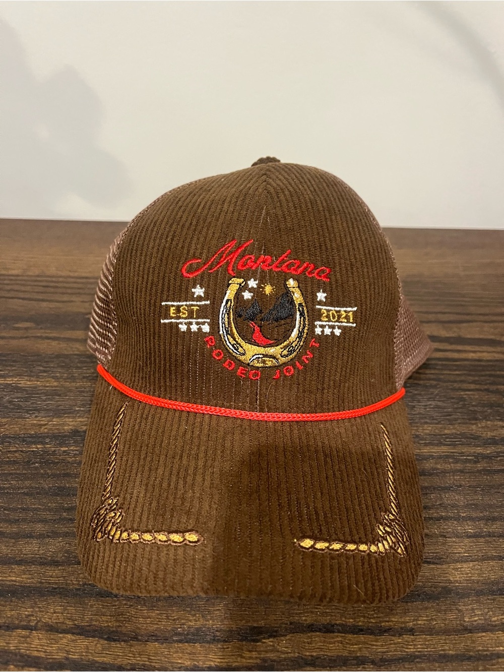 Anthropologie Brown Corduroy Montana Embroidered Cap with Red Accent